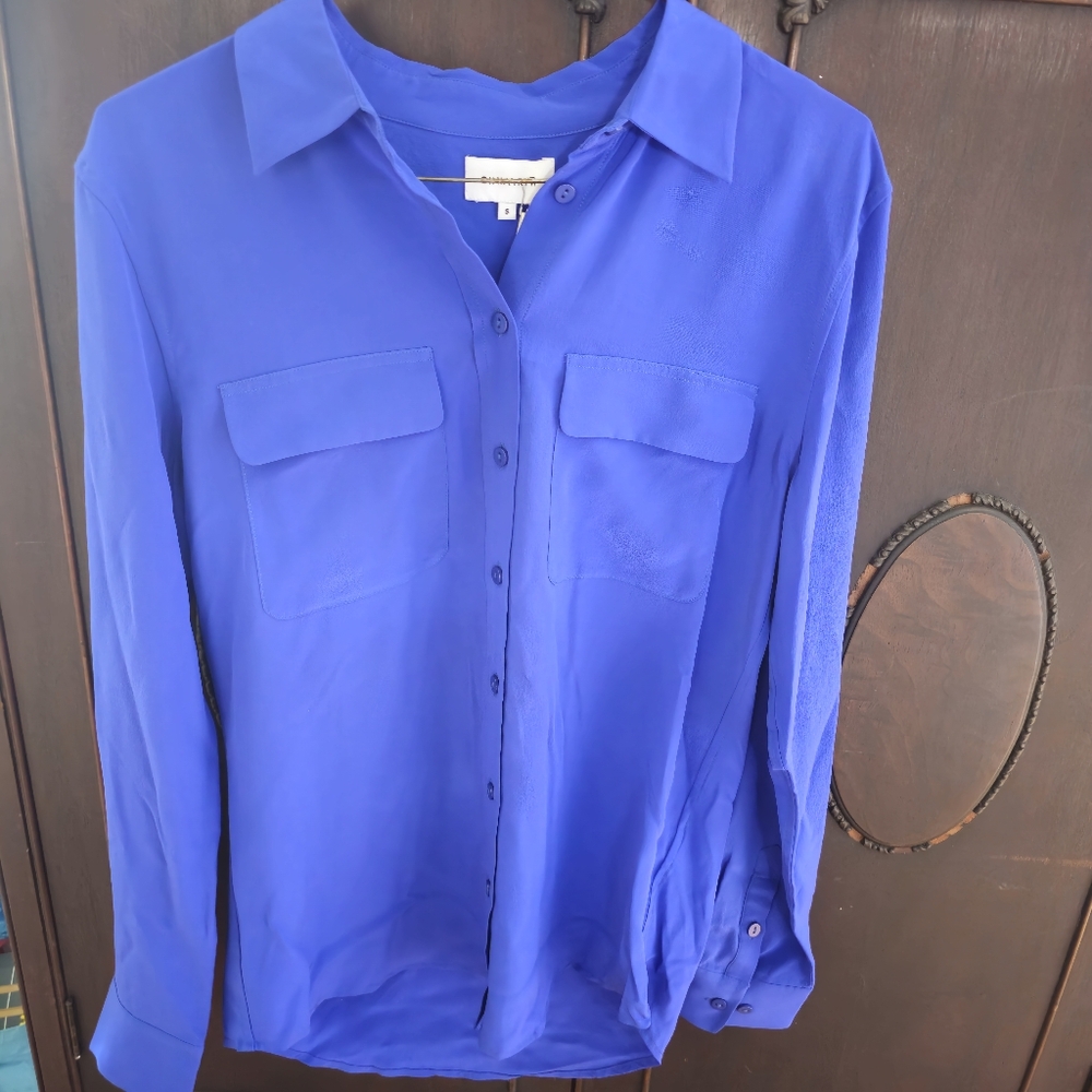 Ginia Poppy Shirt Blue Notched Collar Button Down Shirt 100% Silk Cobalt Small